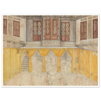 A crowded school gathering fills an ornate Indian courtyard with carved balconies and warm yellow walls.