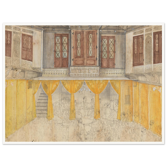 A crowded school gathering fills an ornate Indian courtyard with carved balconies and warm yellow walls.