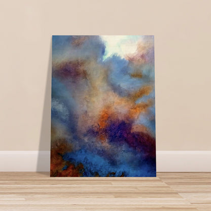 An abstract painting depicting a moody sky with swirling hues of blue, orange, and purple, evoking a dreamy and atmospheric scene.