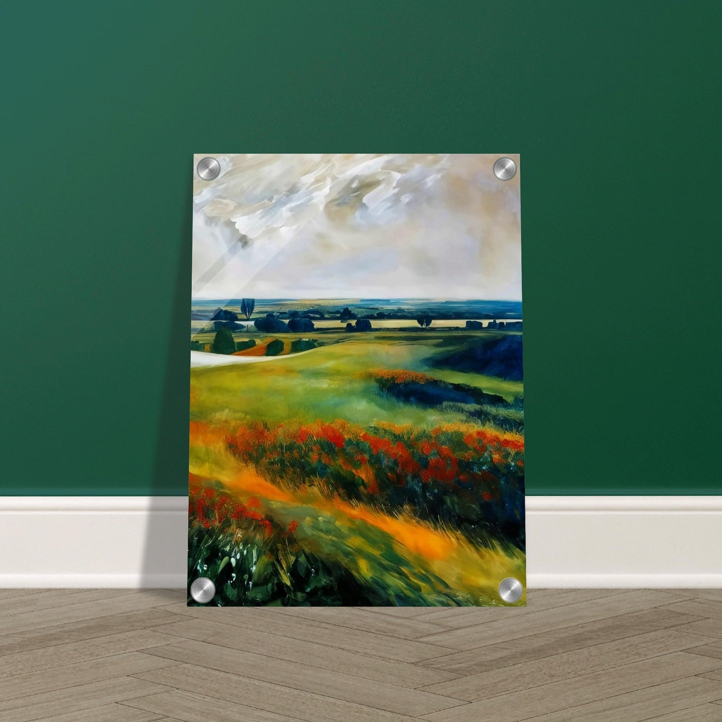 A serene landscape painting of rolling meadows with vibrant wildflowers and distant trees under a dramatic sky.