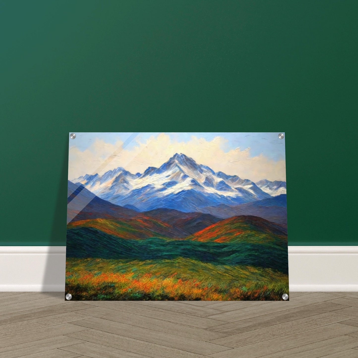 A majestic landscape painting of snow-capped mountains towering over vibrant green and orange fields, under a bright, peaceful sky.