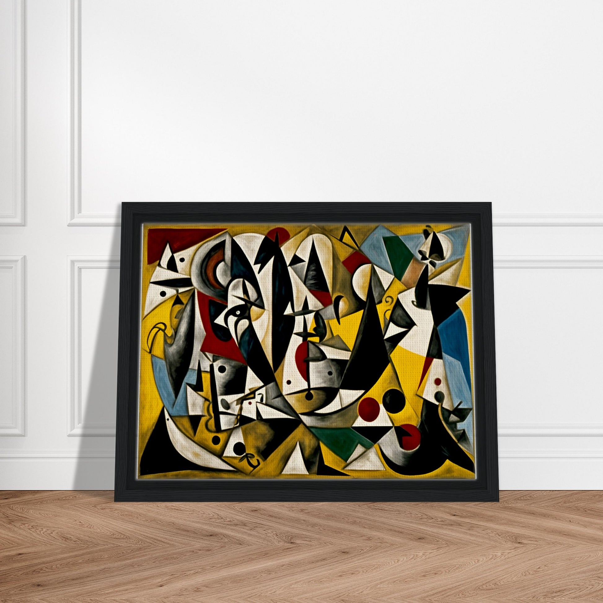 A vibrant geometric composition featuring sharp angles, abstract figures, and bold black, yellow, and red accents in a dynamic scene.