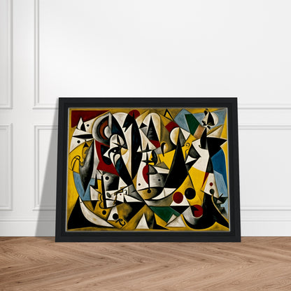 A vibrant geometric composition featuring sharp angles, abstract figures, and bold black, yellow, and red accents in a dynamic scene.