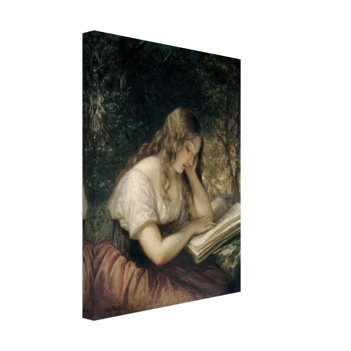 A young girl sits outdoors reading a large open book in a shaded woodland setting.