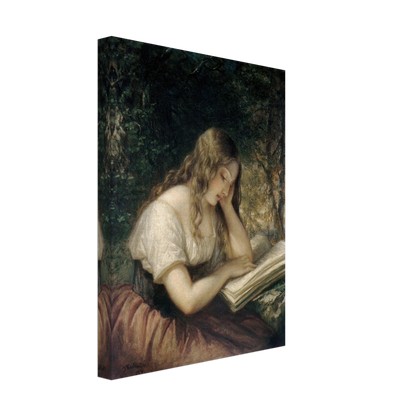 A young girl sits outdoors reading a large open book in a shaded woodland setting.