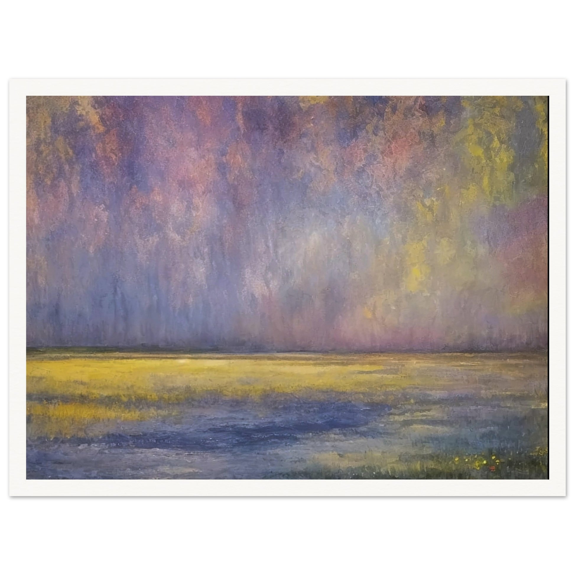 A serene landscape painting with a twilight sky filled with soft purple, pink, and yellow hues over a tranquil grassy field.