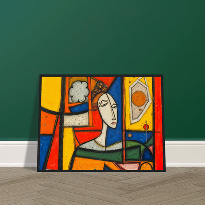 A bold cubist portrait of a woman framed by vivid red, yellow, blue, and green panels with striking geometric forms.