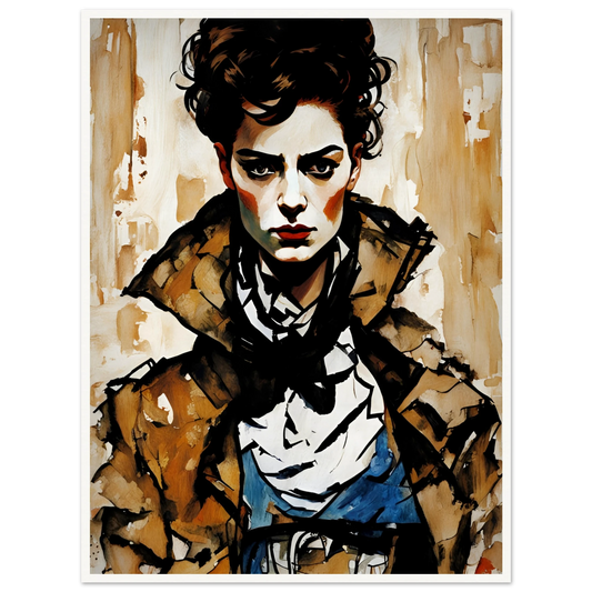 A striking portrait of a woman with an intense gaze, dressed in layered earth-toned clothing, exuding strength and determination.