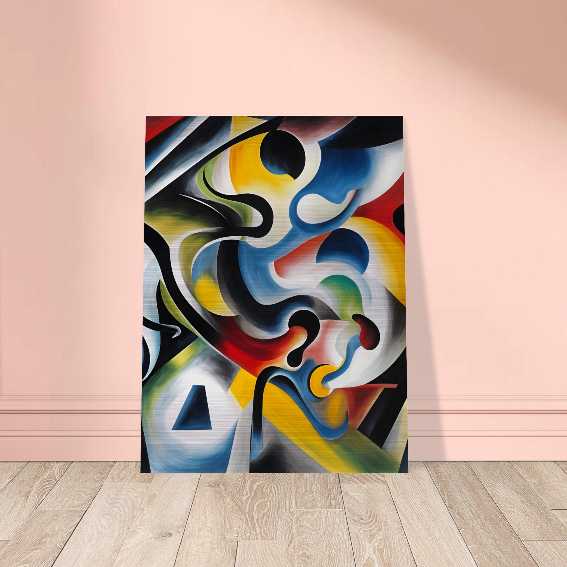 A dynamic composition of swirling colors, bold curves, and geometric shapes creating a fluid, energetic visual movement.