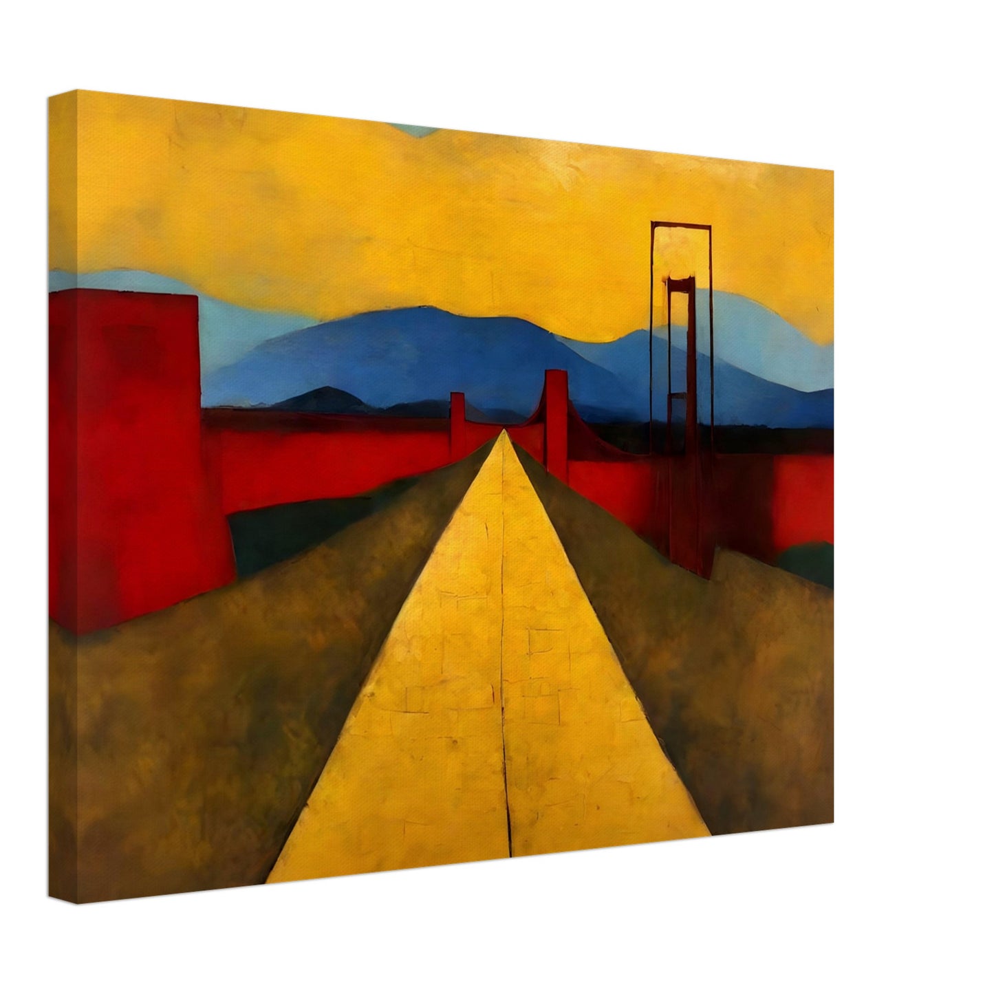 Modern artwork of a bright yellow road stretching into the distance, bordered by red structures, with blue mountains and golden skies in the background.