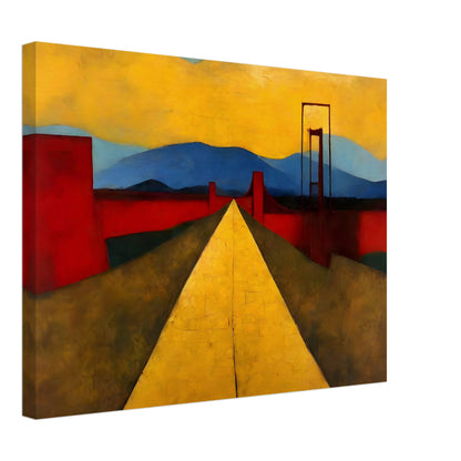 Modern artwork of a bright yellow road stretching into the distance, bordered by red structures, with blue mountains and golden skies in the background.