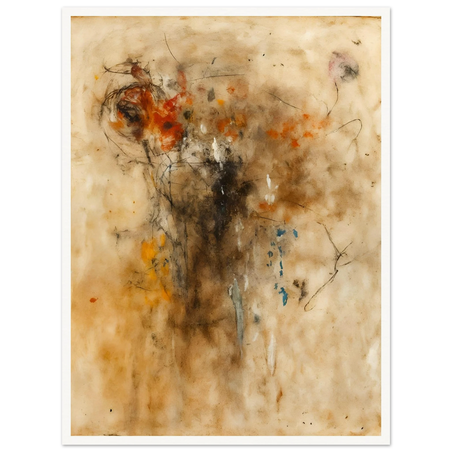 An expressive abstract painting featuring gestural lines, smoky textures, and warm earth-toned washes. Hints of a human-like form emerge from layered marks of black, rust, cream, and subtle blue against a parchment-colored background.