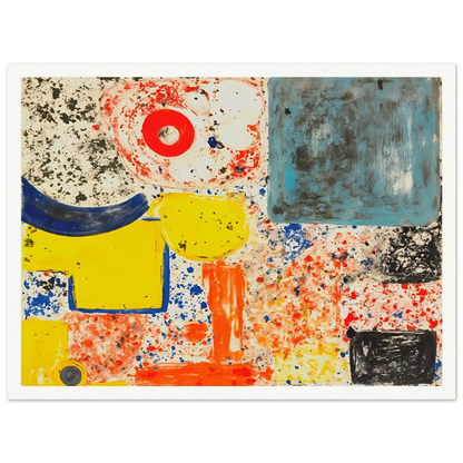Bright yellow, blue, red, and orange shapes scatter across a speckled white field with bold black marks.