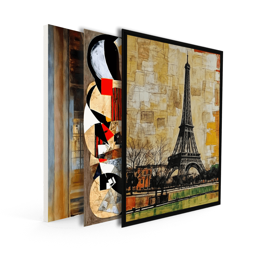 Set of three wall art pieces: an abstract geometric design, a Paris Eiffel Tower print, and a warm-toned architectural artwork.