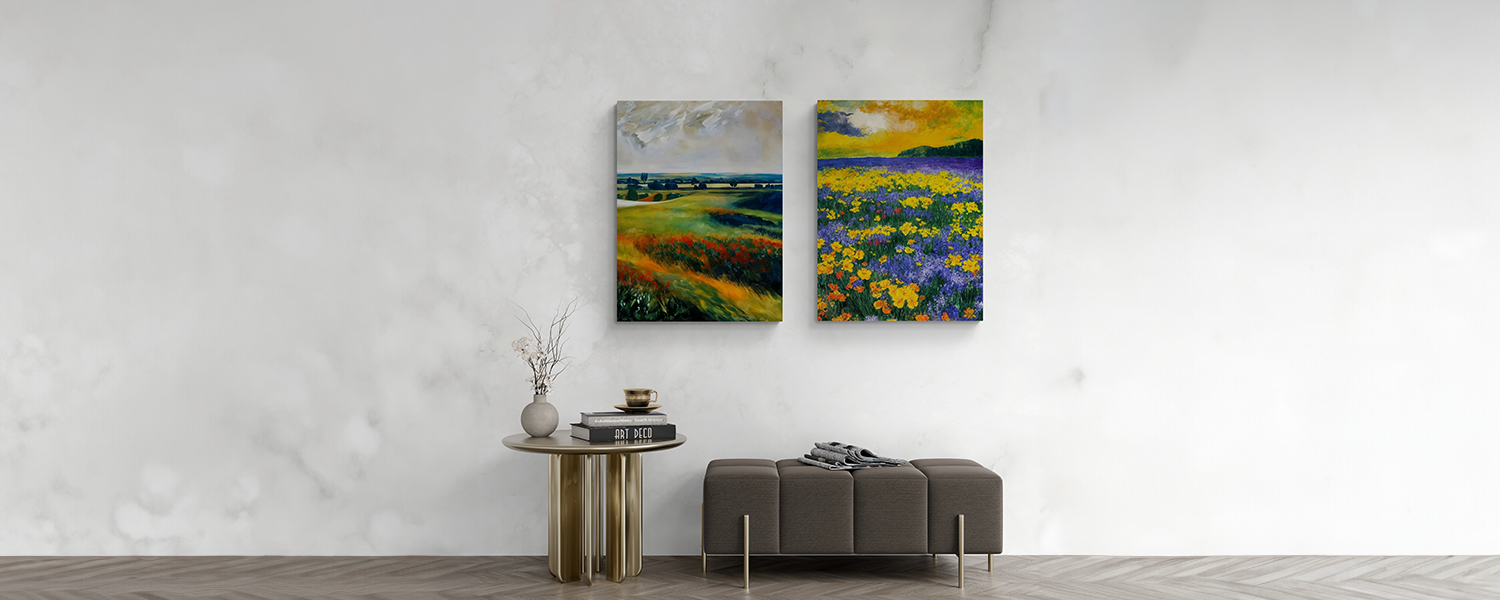 Elegant living room featuring vibrant landscape wall art, a gold side table with decor, and a modern bench, creating a stylish and inviting atmosphere.