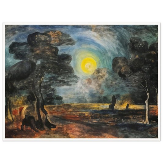 A surreal landscape bathed in the light of a glowing full moon, with dark trees and mysterious figures creating an eerie atmosphere.