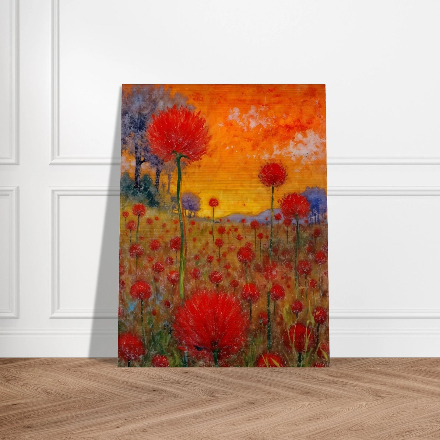 A radiant field of red blossoms under a glowing orange sky, blending vibrant warmth with a dreamy sense of renewal.