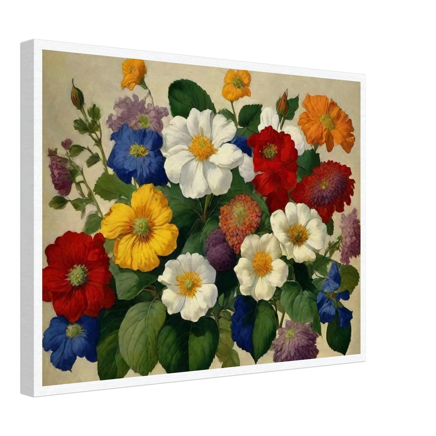 A lush bouquet of multicolored flowers with large, vibrant blooms, set against a soft, neutral background.