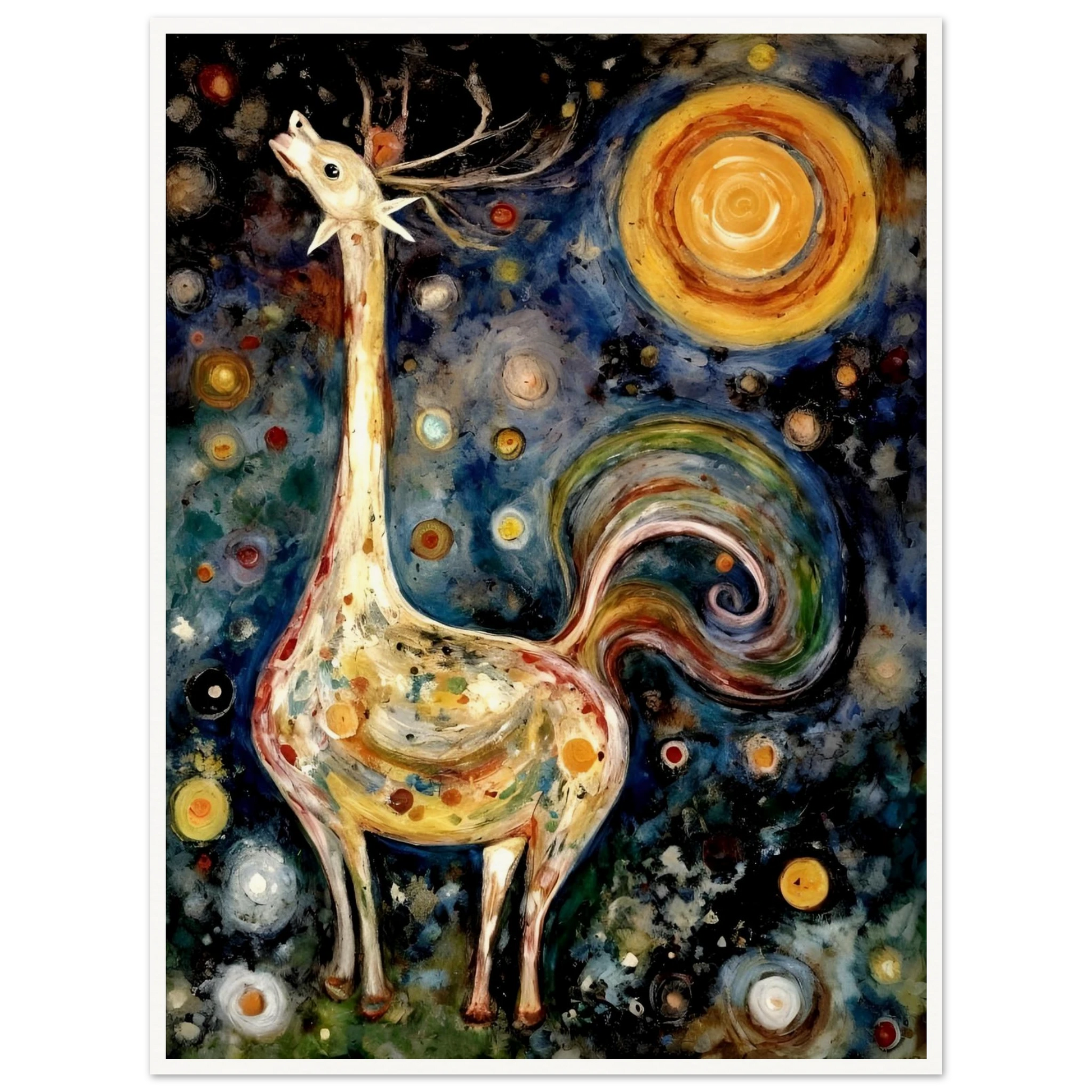 A fantastical creature with a long neck, antlers, and a swirling tail stands under a cosmic sky filled with colorful orbs and a radiant sun.