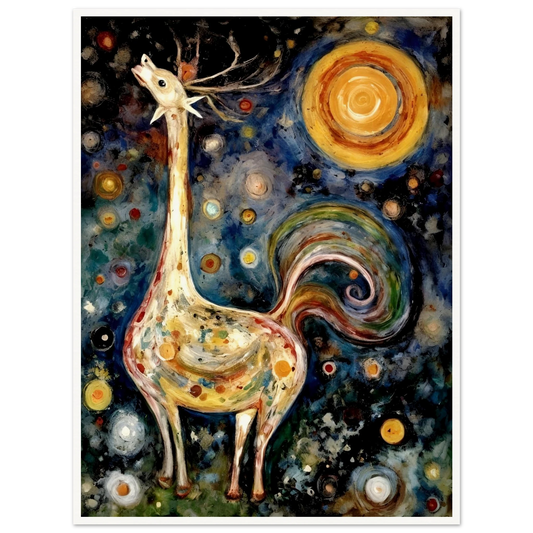 A fantastical creature with a long neck, antlers, and a swirling tail stands under a cosmic sky filled with colorful orbs and a radiant sun.