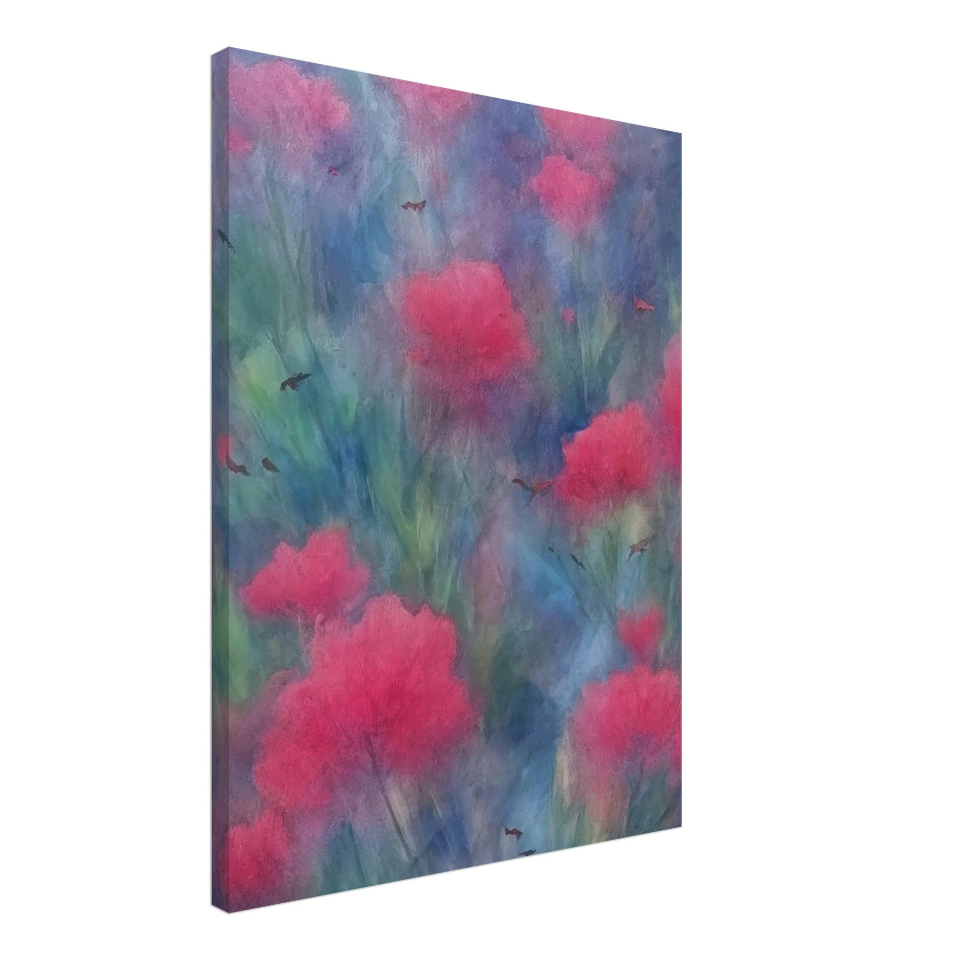 A soft-focus painting of vibrant pink flowers amidst a dreamy, blue and green background with delicate, scattered birds.