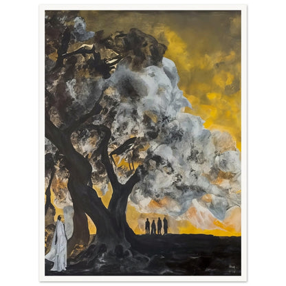 A haunting painting depicting a dramatic scene at dusk, where towering trees with dark, twisted branches are illuminated by a golden sky. Silhouetted figures stand in the background, adding an air of mystery, while a solitary figure in white appears in the foreground, partially hidden by the trees