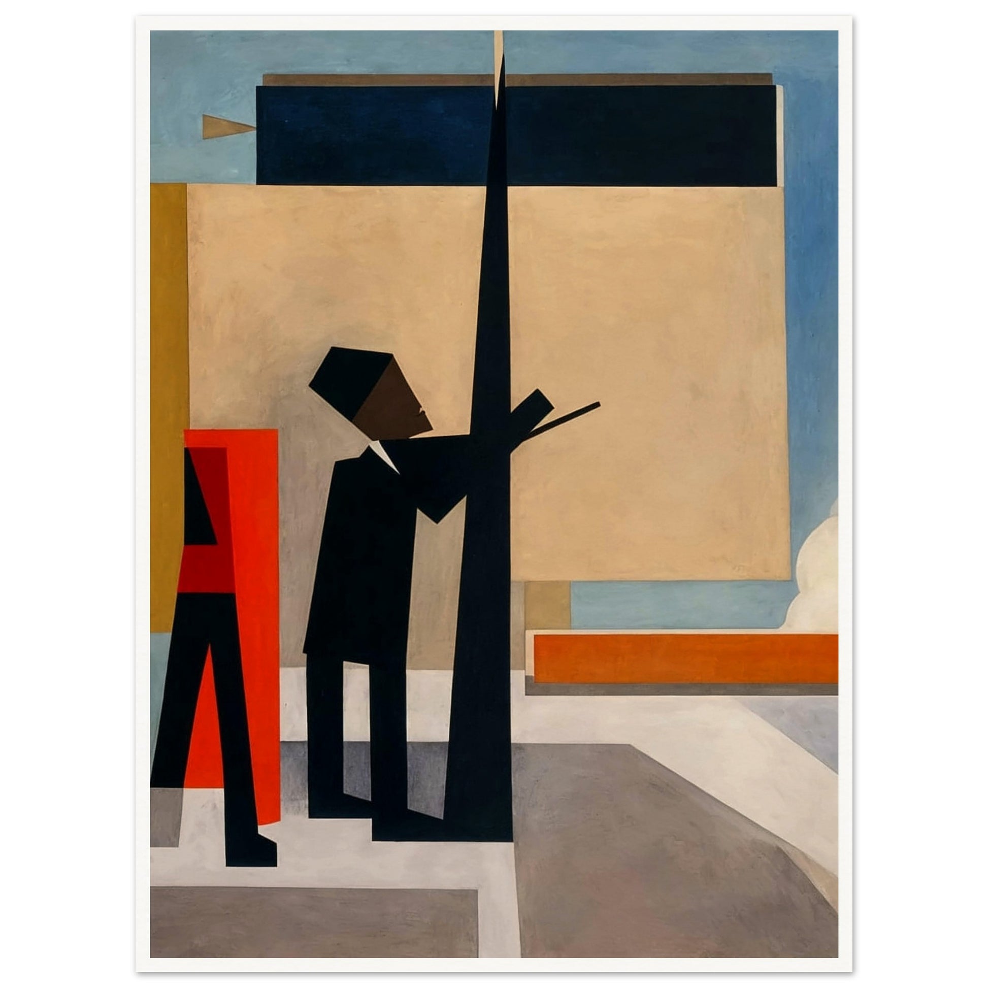 A geometric depiction of two figures interacting within an abstract cityscape, characterized by bold shapes and contrasting colors.