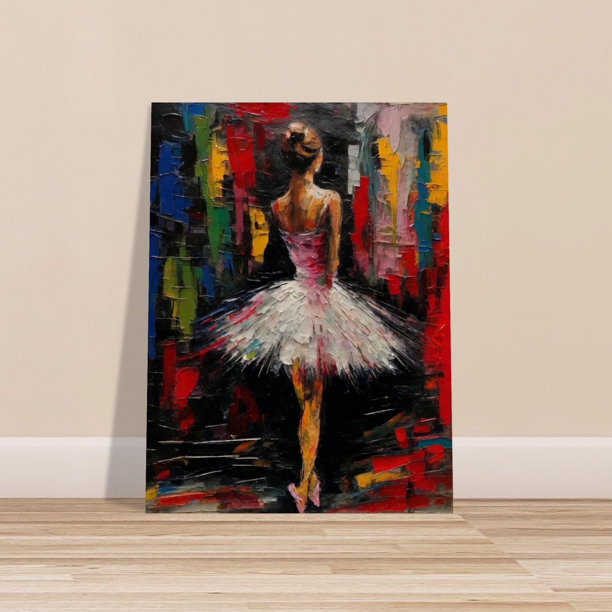 An expressive painting of a ballerina in a white tutu, standing against a vibrant, abstract background.