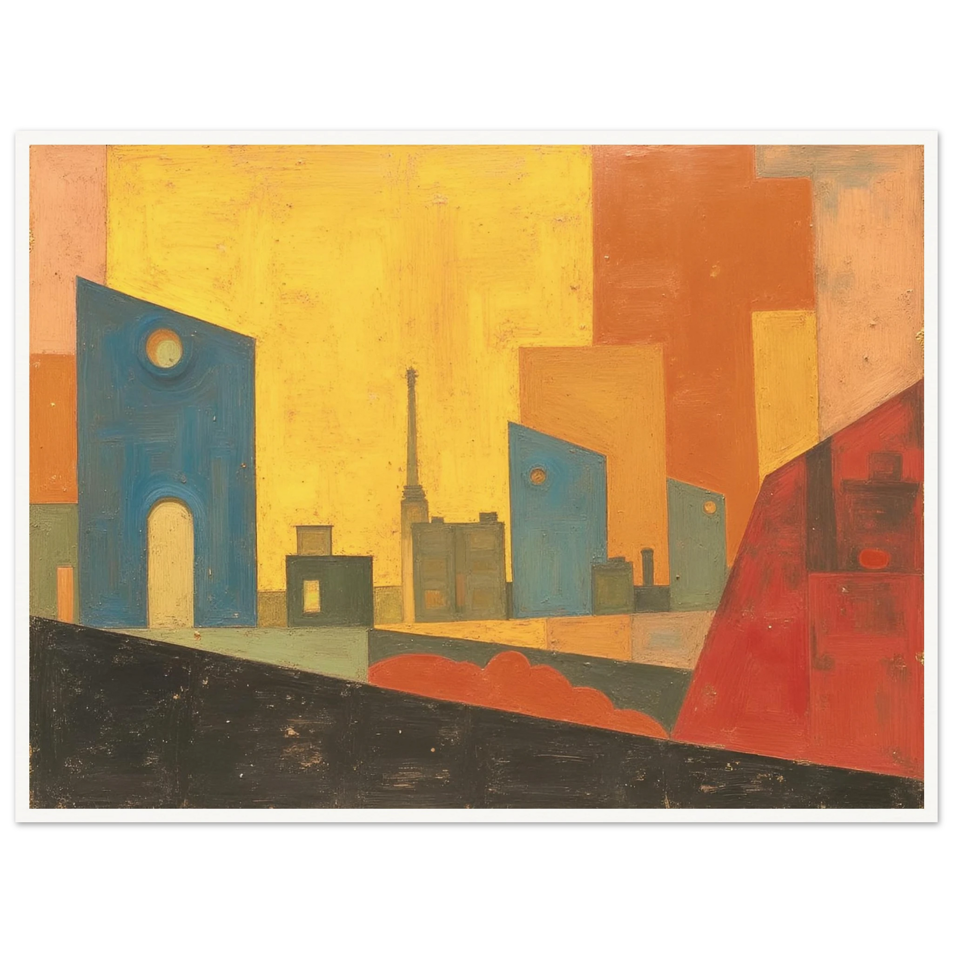 A stylized cityscape with warm yellow and orange tones, blue geometric buildings, and abstract architectural silhouettes.