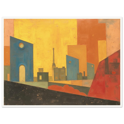 A stylized cityscape with warm yellow and orange tones, blue geometric buildings, and abstract architectural silhouettes.