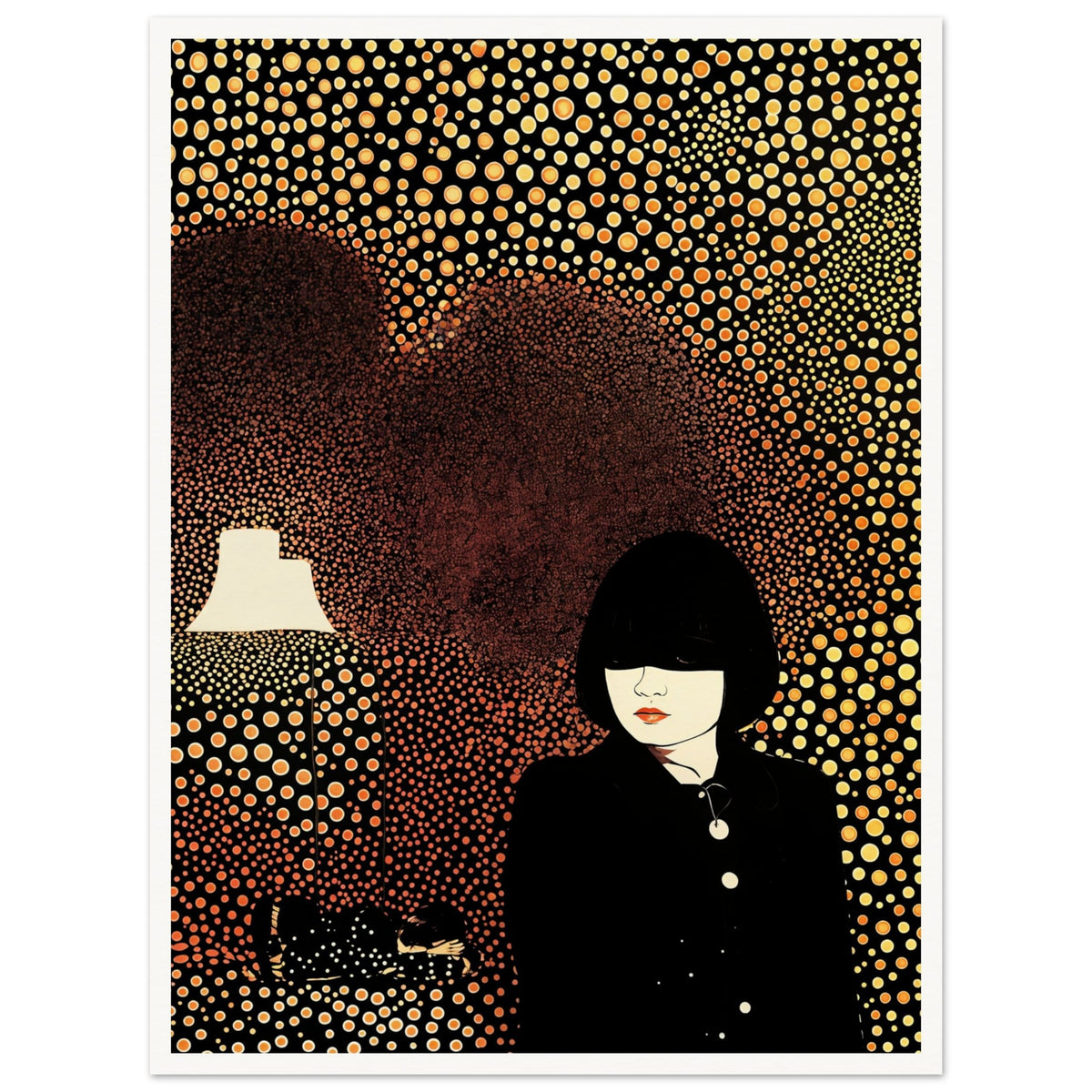 Artistic portrait of a woman in a black outfit surrounded by a background of golden circular patterns with a glowing lamp.