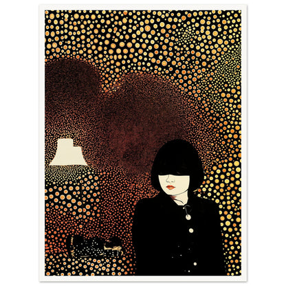 Artistic portrait of a woman in a black outfit surrounded by a background of golden circular patterns with a glowing lamp.