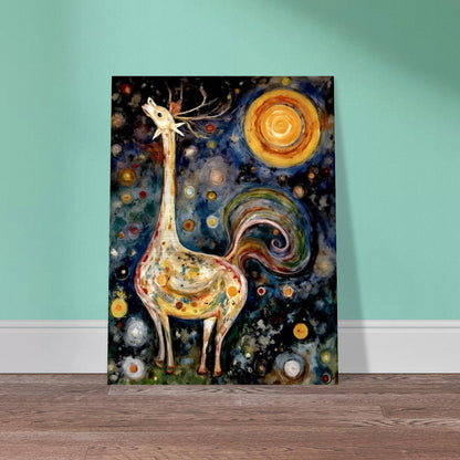 A fantastical creature with a long neck, antlers, and a swirling tail stands under a cosmic sky filled with colorful orbs and a radiant sun.