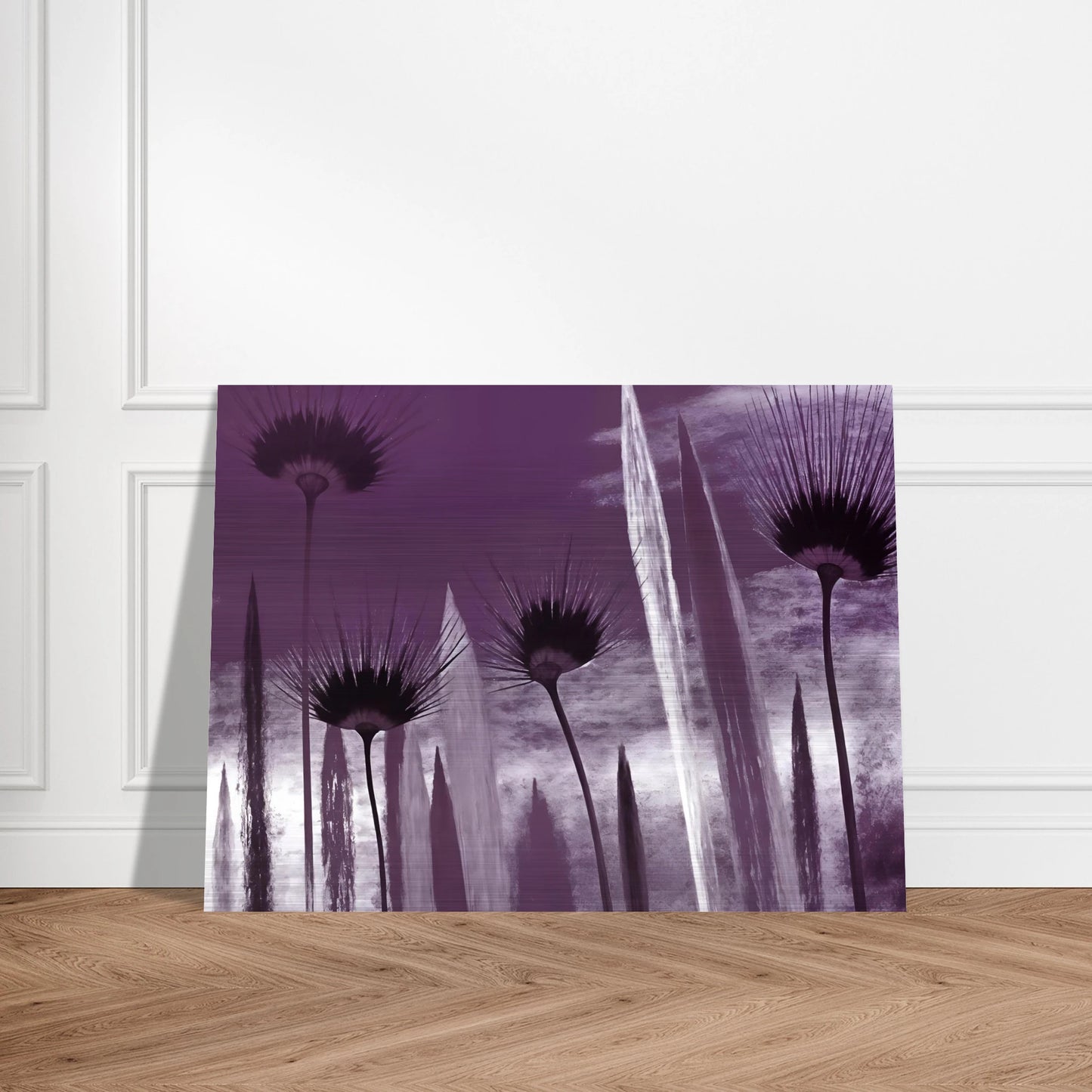 Tall spiky flowers in dark violet silhouettes reach upward against a cloudy lavender sky, evoking mystery and calm.