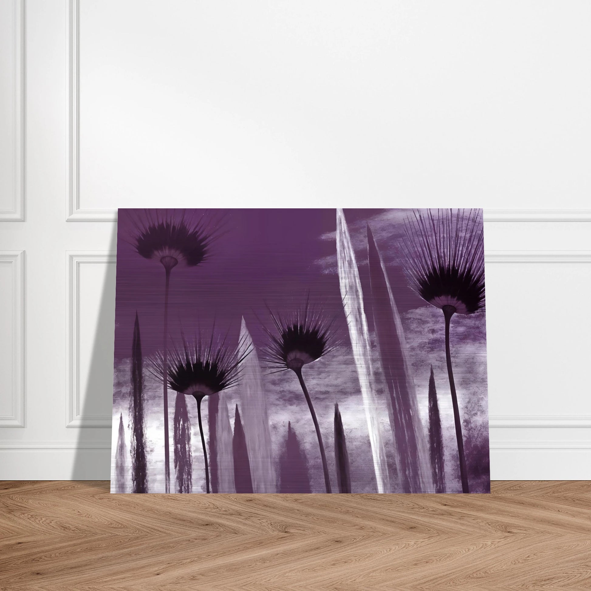 Tall spiky flowers in dark violet silhouettes reach upward against a cloudy lavender sky, evoking mystery and calm.