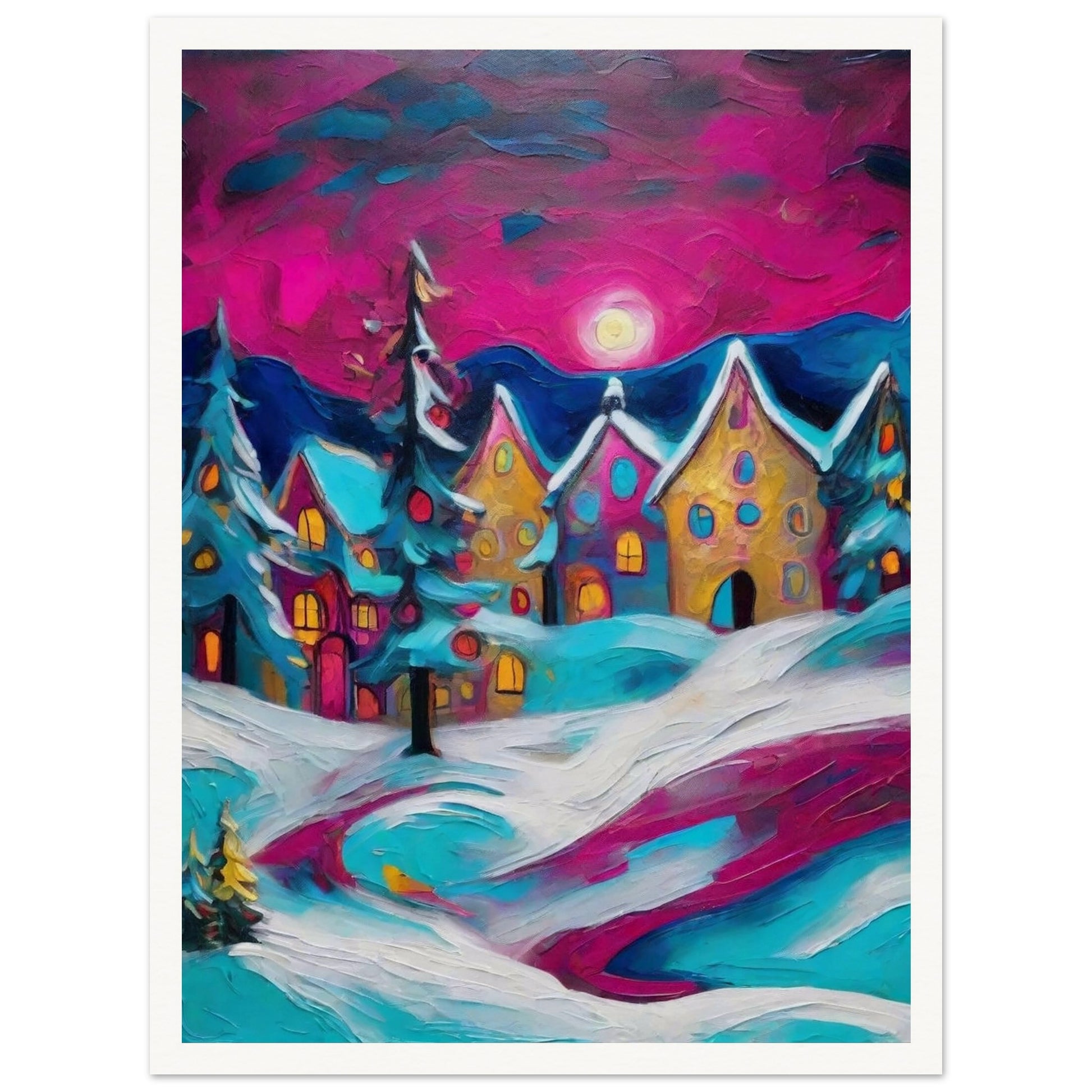 A colorful winter village scene with glowing houses, snow-covered trees, and a vibrant magenta sky illuminated by the moon.