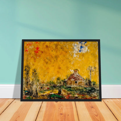 Rustic house rests beneath a golden sky with dark trees, green ground, and scattered red and blue marks.