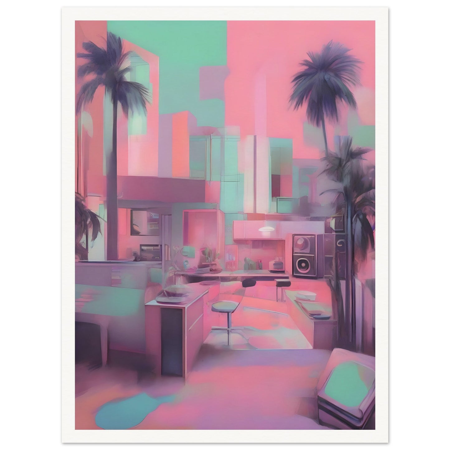 A pastel-toned interior with palm trees and modern furniture, blending dreamy pink, teal, and purple hues in a surreal cityscape.