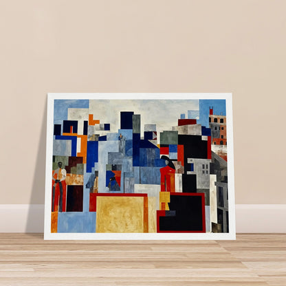 A vibrant abstract painting depicting a cityscape with various geometric shapes and colors, highlighting figures and buildings in red, blue, and gray tones.