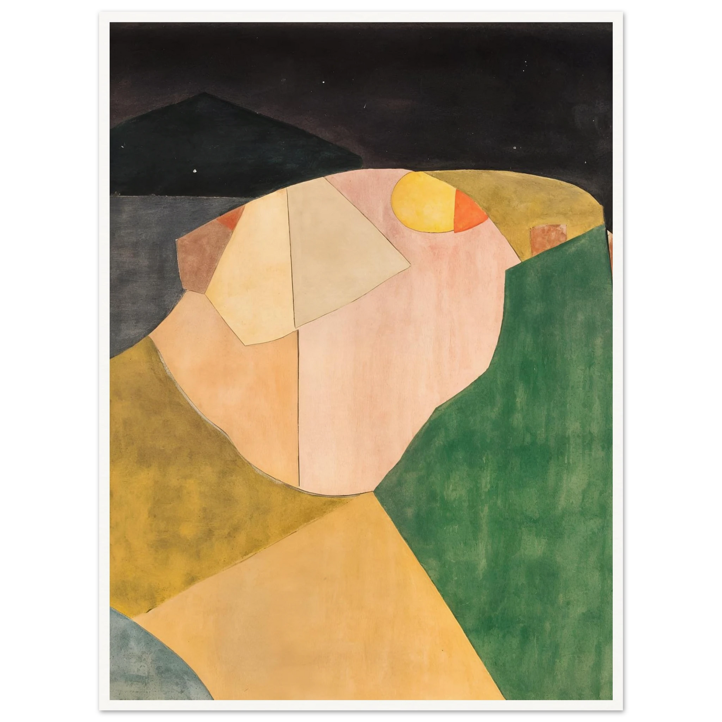 An abstract landscape of overlapping shapes in green, ochre, and pink under a dark night sky with a soft yellow moon.