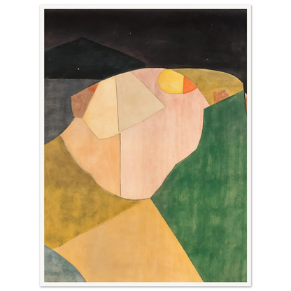 An abstract landscape of overlapping shapes in green, ochre, and pink under a dark night sky with a soft yellow moon.