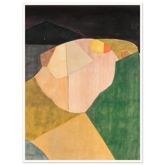 An abstract landscape of overlapping shapes in green, ochre, and pink under a dark night sky with a soft yellow moon.