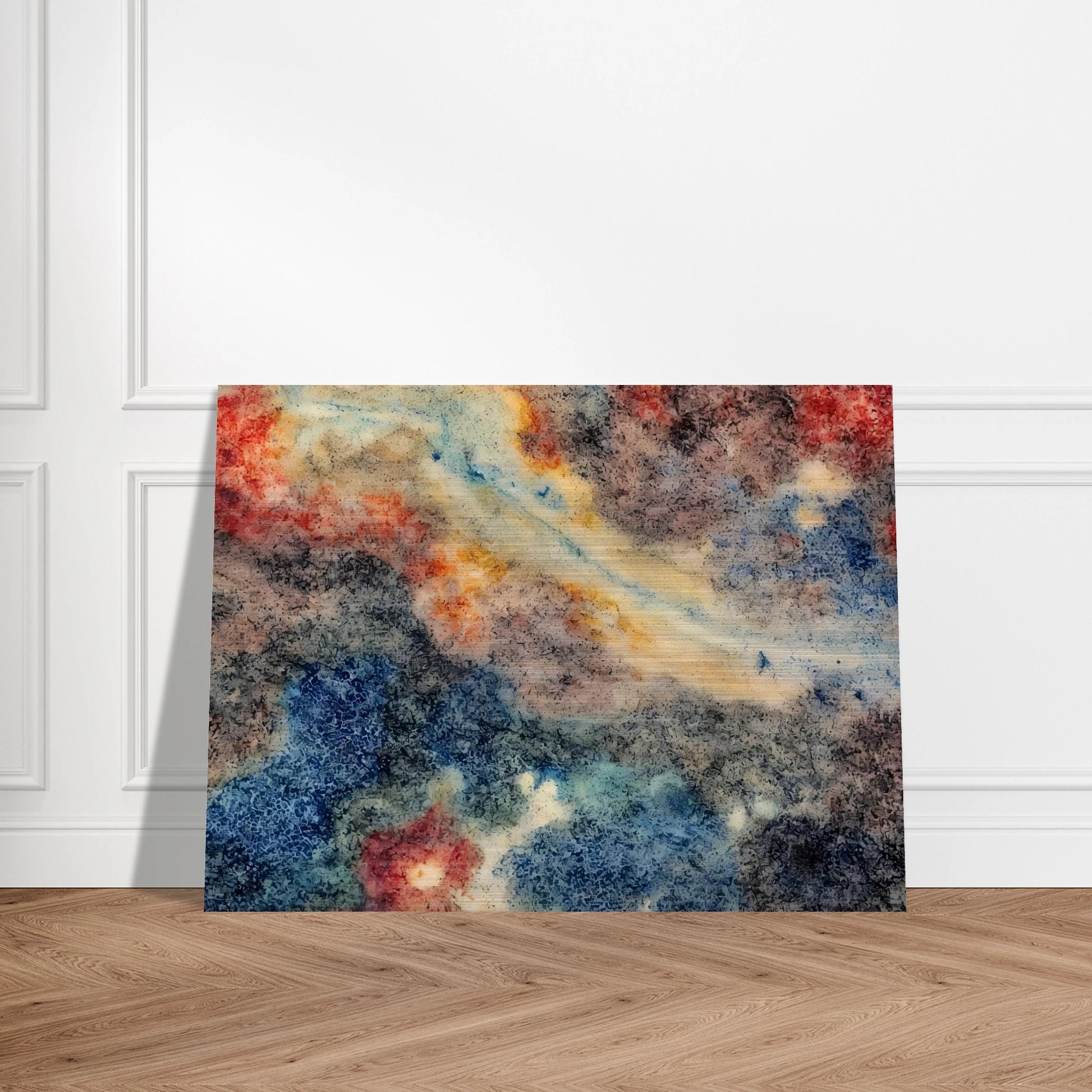 An abstract composition of swirling blue, gray, cream, and crimson textures resembling a distant nebula or galaxy, with organic patterns and flowing celestial forms.