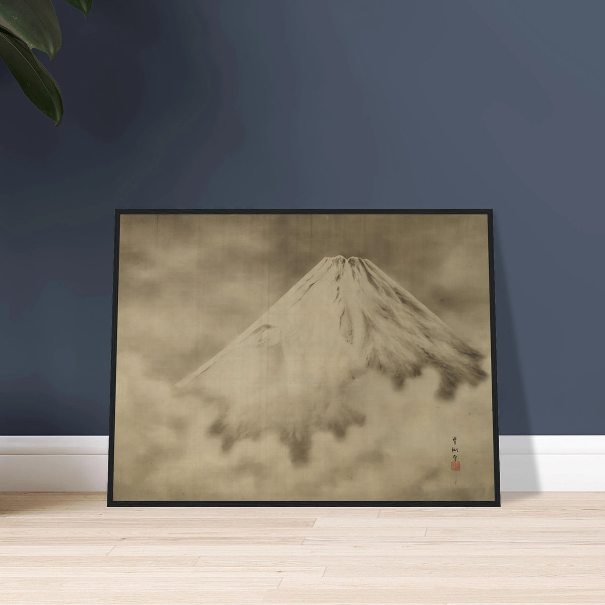 Snow-covered Mount Fuji rises through misty clouds in a soft monochrome Japanese landscape.