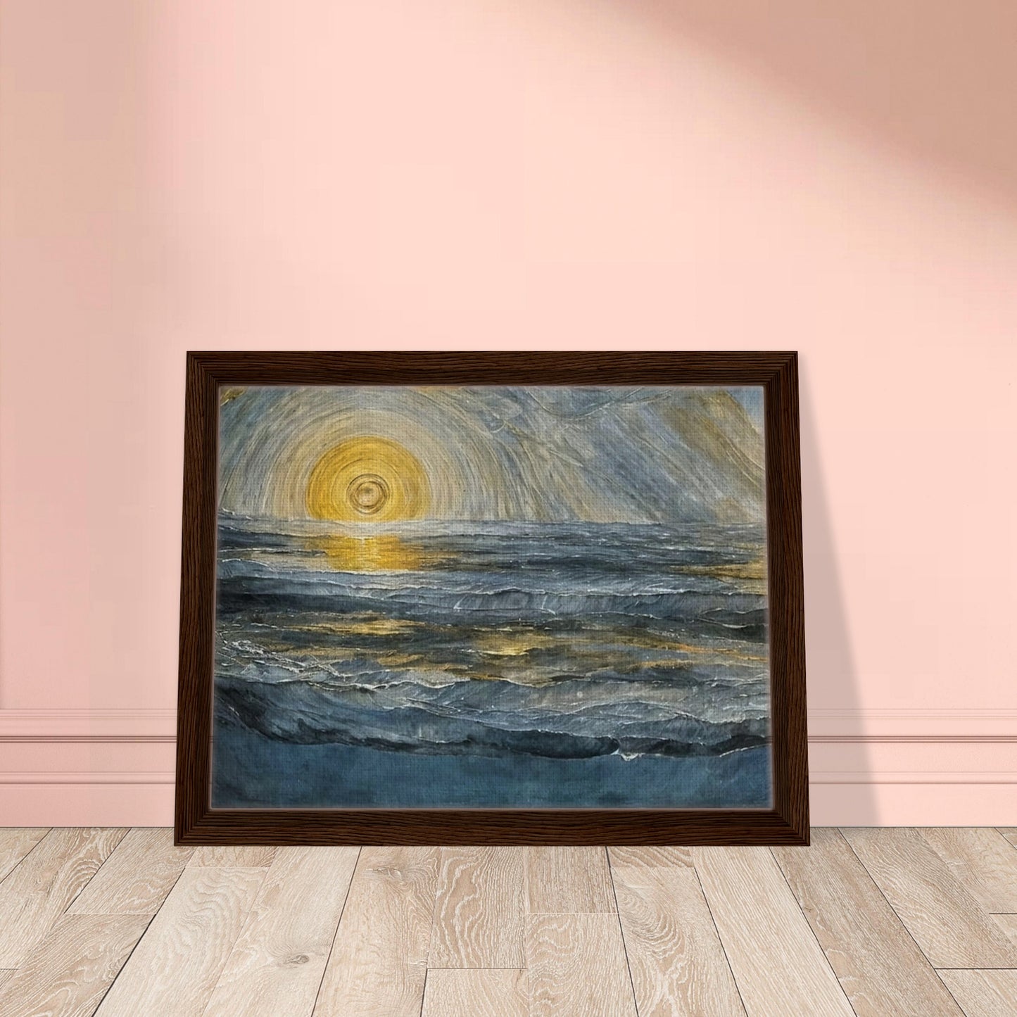 A stunning seascape painting with a radiant golden sun reflecting on the rippling waves, surrounded by dramatic clouds and cool blue tones.