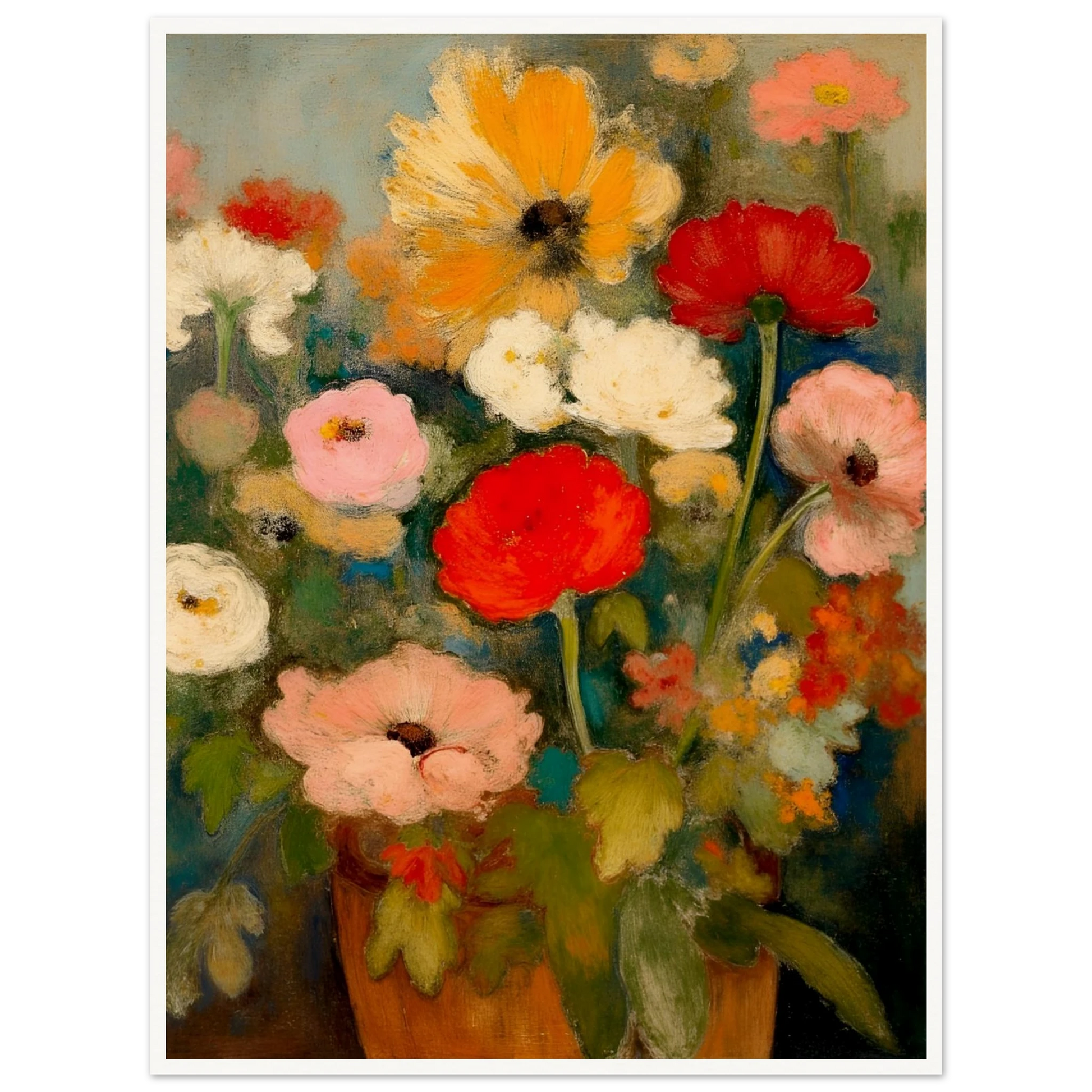 Red, pink, white, and yellow flowers rise from an earthen vase against a soft green-blue background.