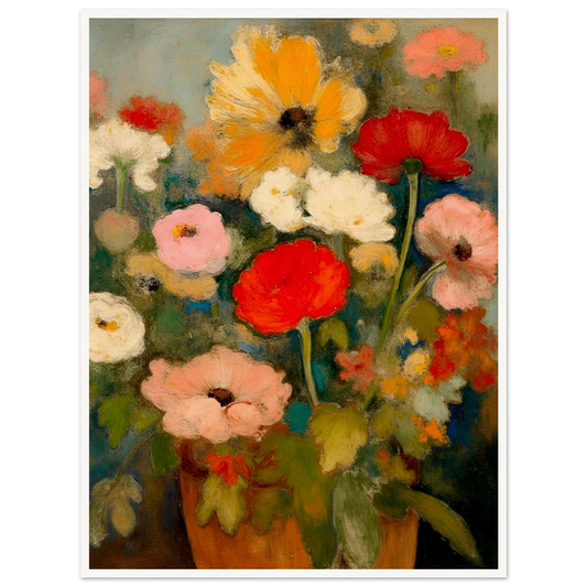 Red, pink, white, and yellow flowers rise from an earthen vase against a soft green-blue background.