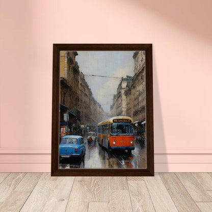 "A beautifully painted urban scene of a streetcar moving through a rainy city, with classic cars and reflective wet streets, evoking a sense of nostalgia."