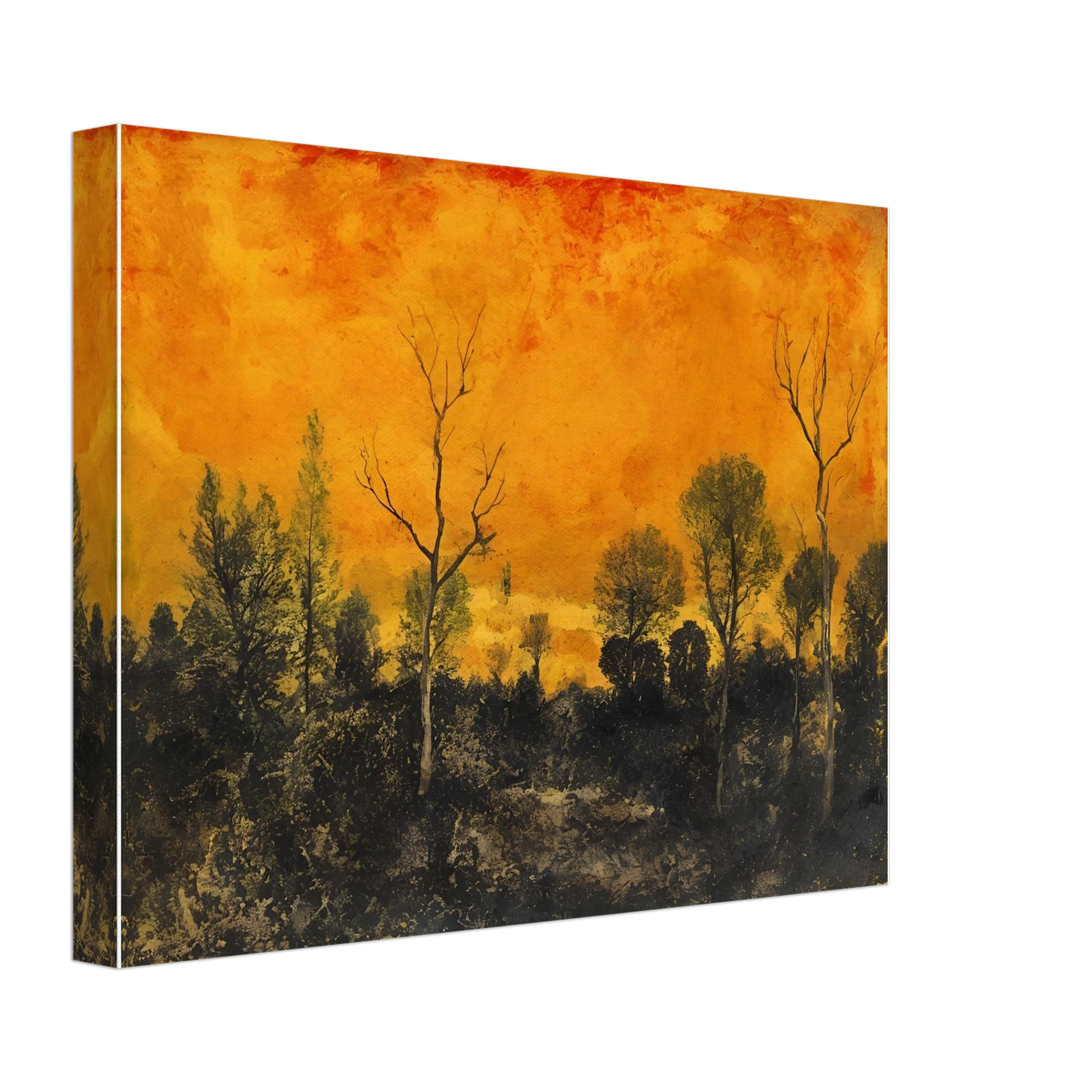 A forest silhouetted against a blazing orange sky, with leafless and leafy trees under a textured sunset.