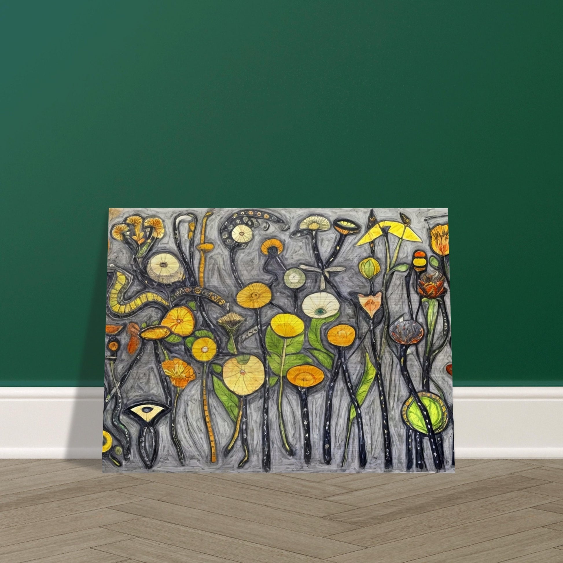 A whimsical painting of abstract flowers and plants in vibrant shades of yellow, orange, and green, set against a textured gray background.